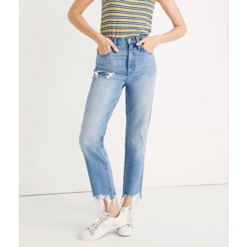 Madewell classic straight jeans cropped distressed raw hem size 33